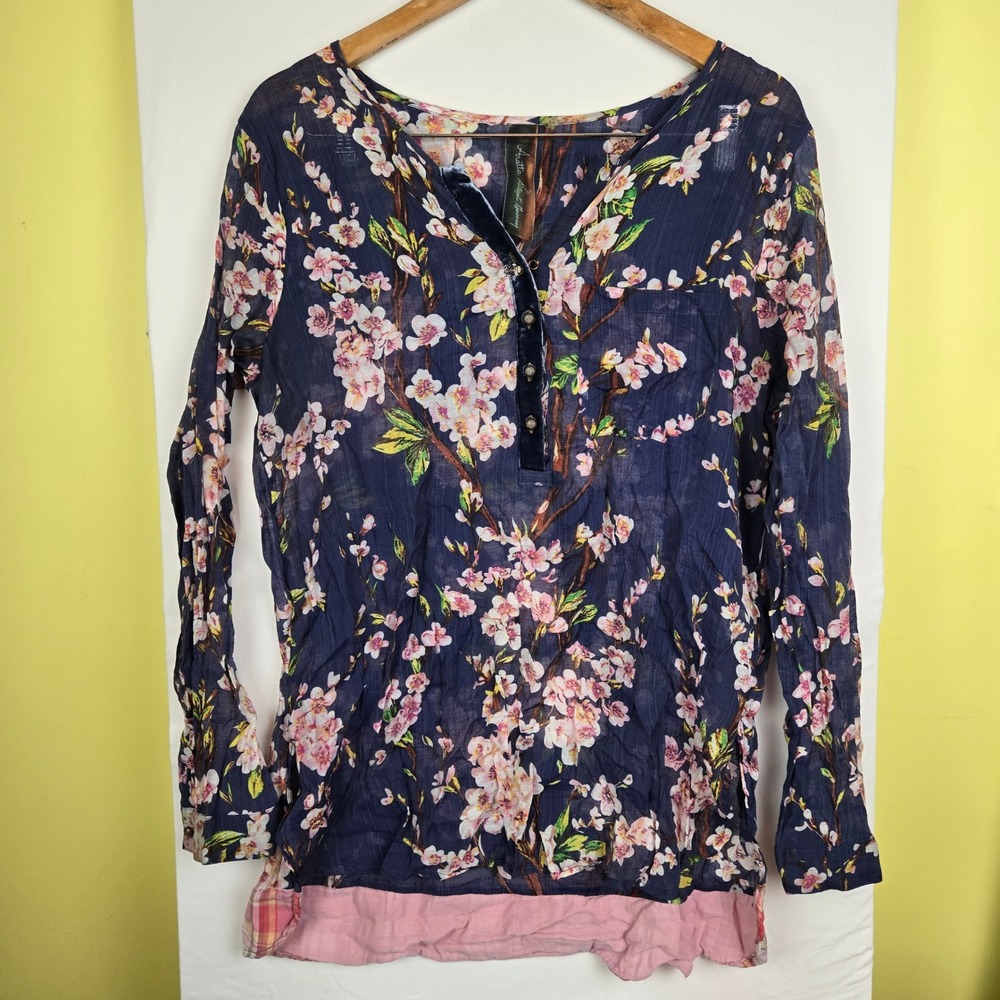 Aratta Silent Journey Navy Floral Velvet Trim Tunic Blouse Size M